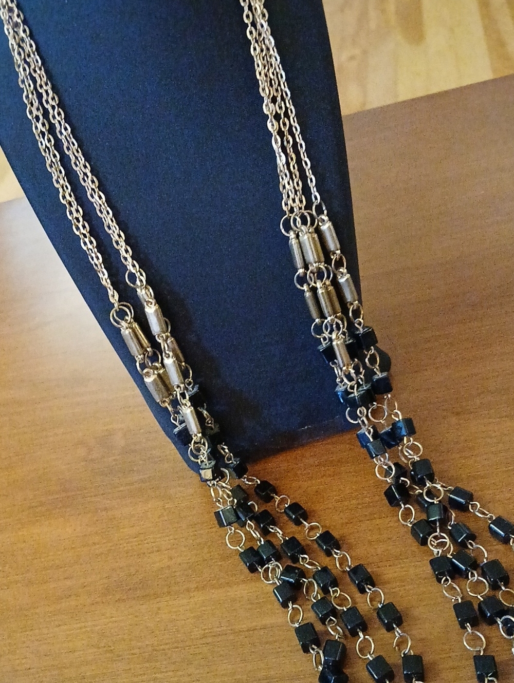 32" Vintage Gold Tone and Black Multi-Strand Beaded Necklace Statement
